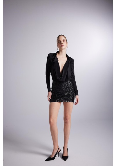 Holly Lolly Degaje Yaka Dekolteli Çıtçıtlı Taylor Bodysuit Siyah