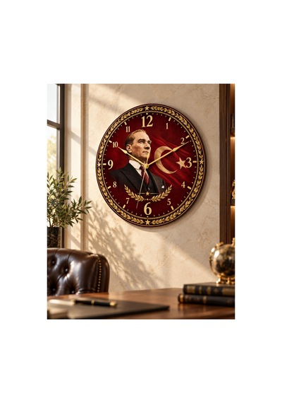 Atatürk Temalı 45 Cm Ahşap Sessiz Akar Mekanizmalı Uv Baskılı Dekoratif Duvar Saati Hediyelik 1096 Çok Renkli