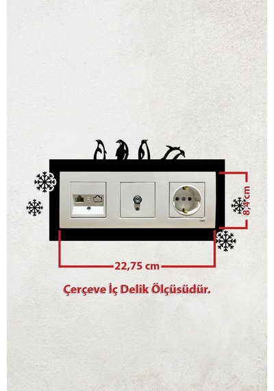 Penguen Ve Kar Tanesi Tasarımlı 3lü Priz Çerçevesi İç Ölçü 22,75x8,4 Cm Üçlü Dekoratif Priz Susu Siyah
