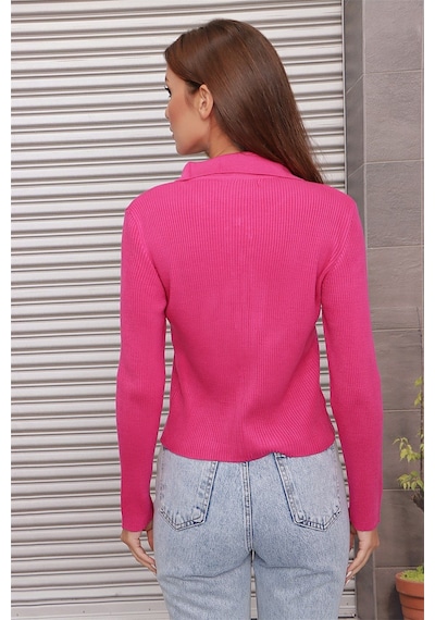 Aqe Fashion Çift Açılır Fermuarlı Polo Yaka Hırka Fuşya