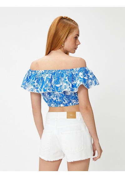 Koton Crop Bluz Madonna Yaka Fırfırlı Lacivert Desenli 3sak60181ew 3SAK60181EW7D1