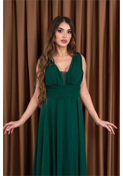 Dip Moda Kadın Zümrüt Yeşil V-yaka Şifon Abiye Elbise Dpnb2027 Yeşil