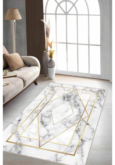 Krem Gold Çerçeveli Kaymaz Tabanlı Dekoratif Halı Rv004n11 Krem - Gold
