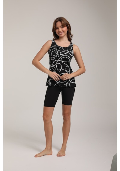 Chelly Kadın Desenli Askılı Taytlı Tankini S 5700 Siyah Siyah