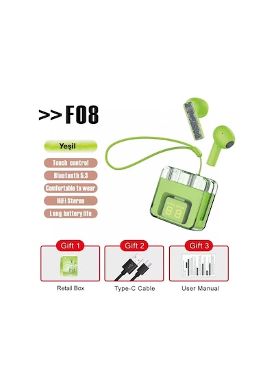 Karler Bass F08 Dijital Şarj Göstergeli Tws Bluetooth Kulaklık - Yeşil