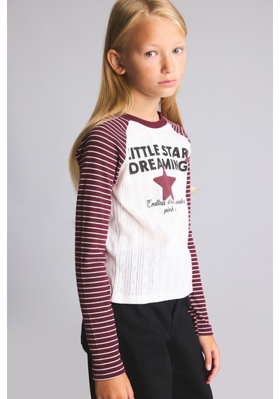 Defacto Bisiklet Yaka Baskılı Çizgili Reglan Uzun Kollu Tişört Kız Çocuk I2303a826aubr204 Bordo-br204