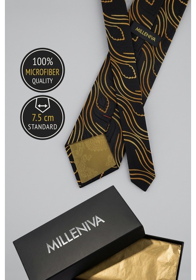 Milleniva Şal Desenli Siyah Gold Kravat & Mendil