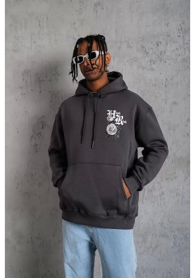 Erkek Baskılı Kapşonlu Sweat - Füme Füme