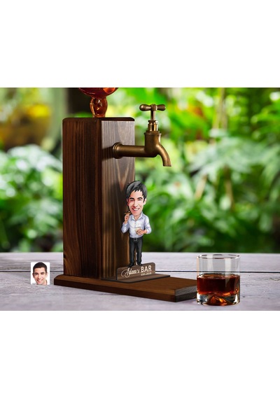 Bk Gift Kişiye Özel Patron Baba Karikatürlü Musluklu Ahşap Viski Standı-1, Viski Çeşmesi, Doğum Günü Hediyesi, İçecek Dispenseri
