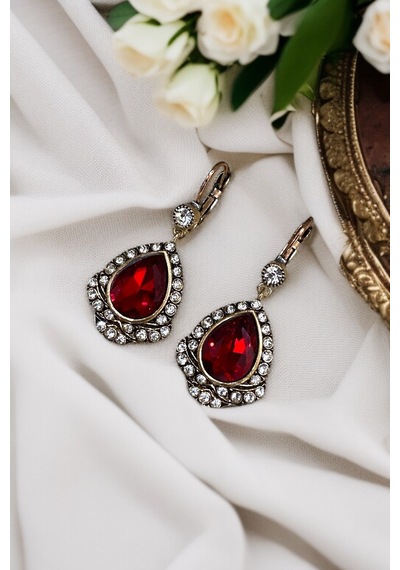 Kristal Taşlı Antik Bronz Su Damlası Küpe Kırmızı