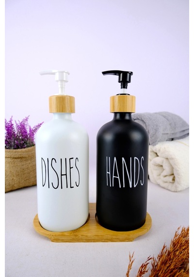 Buççin Online Mağaza 2 Li Ahşap Standlı Cam Sıvı Sabun Ve Bulaşık Deterjanı Şişesi Sabunluk 500 Ml - E/6 C1-1-2 Cam Siyah Çok Renkli