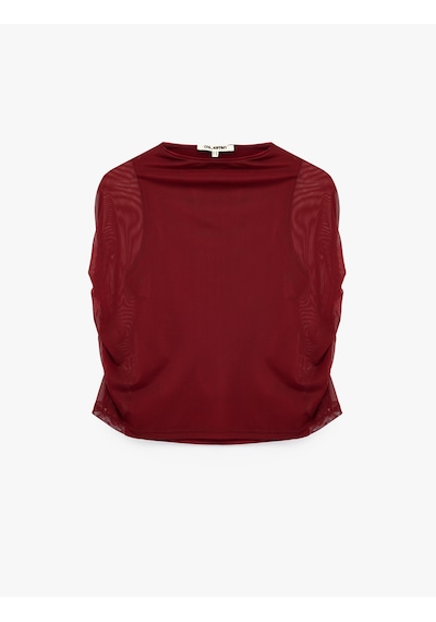 Koton Slim Fit Dik Yaka Kolsuz Tül Detaylı Bluz Bordo 7wal30017ık