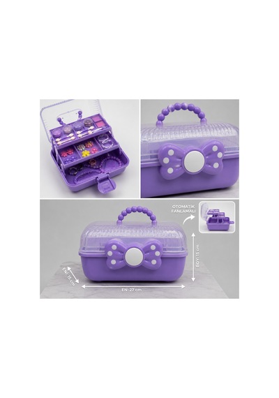 Çocuk Takı Ve Toka Organizeri Otomatik Açılır Katlı Düzenleyici Kutu 27x15x15 Cm Pembe Taşınabilir Çok Bölmeli Saklama Çantası-benekli Mor