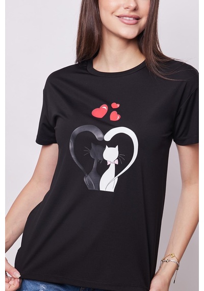 Jument Baskılı Sıfır Yaka Kırışmaz Span Karışımlı Şık Kısa Kol T-shirt Bluz- Siyah Kedi Kalp Desenli Kedi Kalp