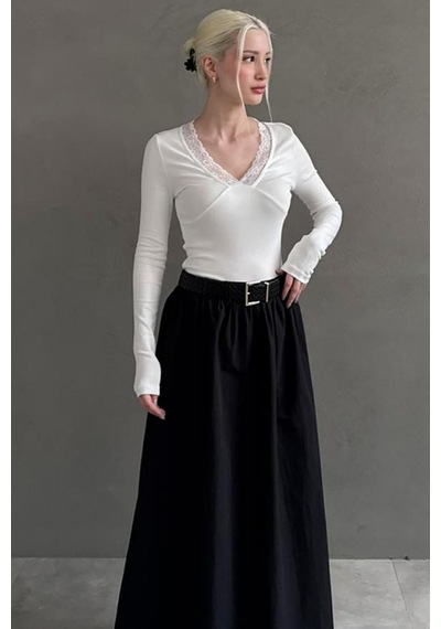 Seeh Beyaz V Yaka Dantelli Kadın Bluz Sh347 Regular