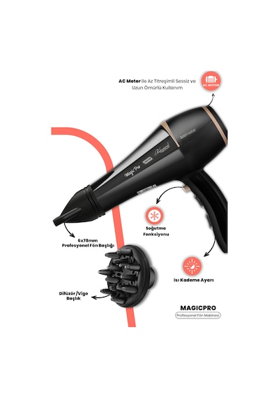 Magic Pro 2400 Watt AC Motor Profesyonel 6x78 mm Kuaför Saç Kurutma ve Fön Makinesi