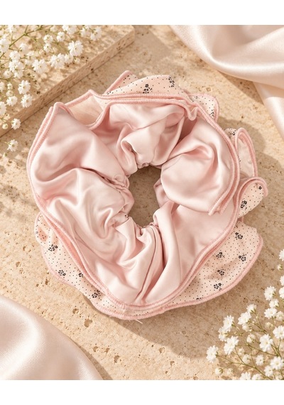 Pudra Pembe 4 Katmanlı Çiçek Desenli Fırfır Scrunchie Saç Tokası