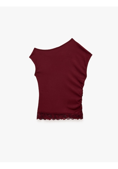 Koton Dantel Detaylı Asimetrik Bisiklet Yaka Slim Fit Kısa Kollu Tişört Bordo 7wal10347ık