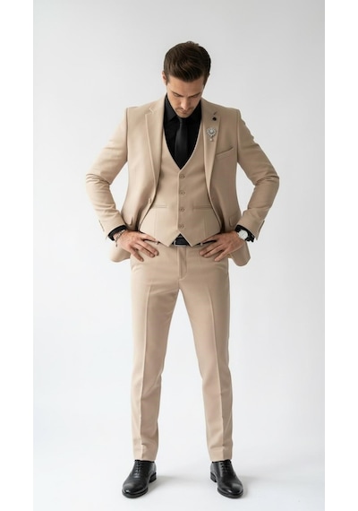 Erkek Klasik Slim Fit Armürlü Kumaş Tek Düğmeli Çift Yırtmaçlı Klasik Yaka Takım Elbise 7 Drop Bej