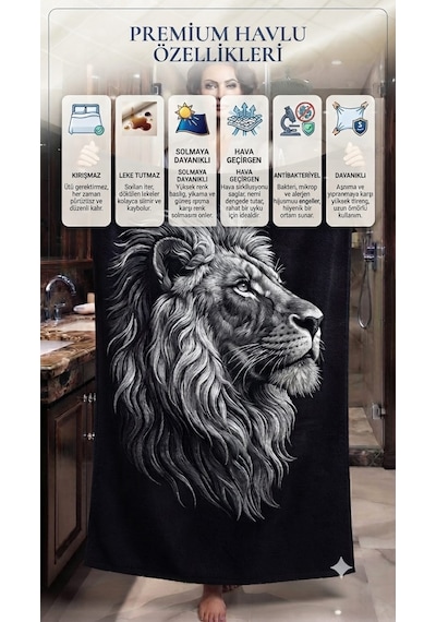 Özel Tasarım Marka Banyo Plaj Spor Havlusu Luxury Premium Organik Pamuk Mikrofiber Su Emici Yumuşak Hızlı Kuruma Solmaz Aslan Kaplan 4 Renk