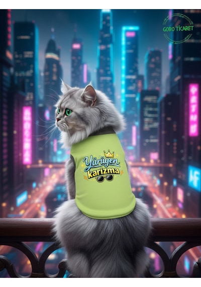 Yeşil Yürüyen Karizma Yazılı Kedi Ve Köpek Kıyafeti Tişörtü Elbisesi Medium/m/beden 2