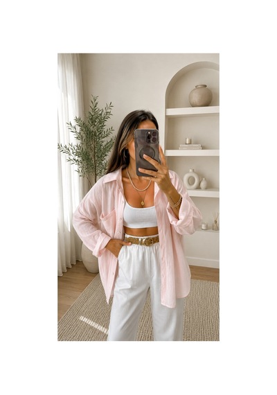 Moda Banuş Pembe Düşük Omuzlu Tensel Gömlek