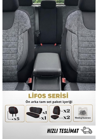 Lifos Serisi Koton Kumaş Universal Oto Koltuk Kılıfı Tam Set Gri Genel