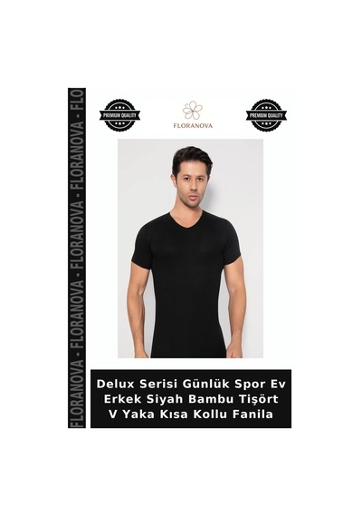 Floranova Delux Serisi Günlük Spor Ev Erkek Siyah Bambu Tişört V Yaka Kısa Kollu Fanila