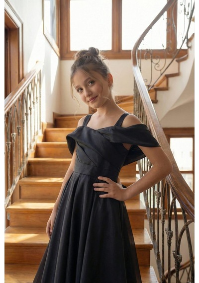 Butik Happy Kids Kız Çocuk Askılı Düşük Omuz Detaylı Şifon Zarif Ve Şık Tasarım Prenses Model Uzun Abiye Elbise 8-15 Yaş Siyah