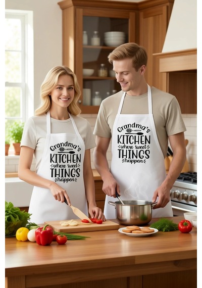 Kadın Unisex Mutfak Önlüğü Aile Anıları Baskılı Nostalji Tasarım Beyaz