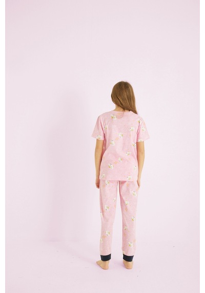 Siyah İnci Kız Çocuk %100 Pamuk Baskılı Bisiklet Yaka Pijama Takım25110057 Pembe