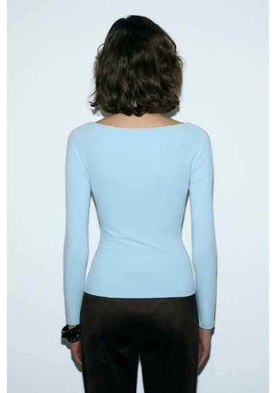 Grımelange Karakola Kadın Organik Pamuklu Kayık Yaka Reglan Kol Slim Fit Mavi Bluz Mavi