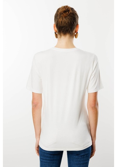 Kadın Sıfır Yaka Basic Penye T-shirt Ekru Ekru