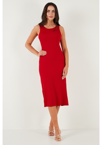 Lela Fitilli Slim Fit Bisiklet Yaka Yırtmaçlı Midi Boy Bayan Elbise 5866101 Kırmızı