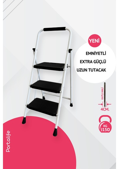 Portalife 3 Basamaklı Uzun Tutacaklı Şık Çelik Merdiven - Beyaz 3 Basamak