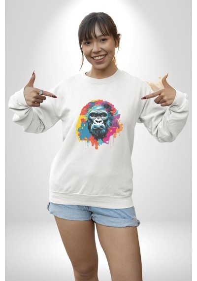 Renkli Maymun Goril Unisex Beyaz Baskılı Sweatshirt Beyaz