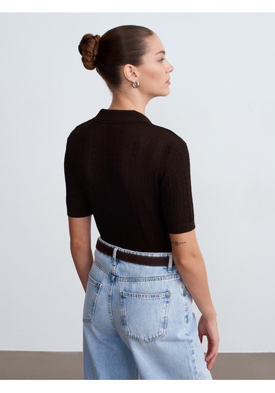 Dilvin 10781 Polo Yaka Ajurlu Triko Bluz-koyu Kahve