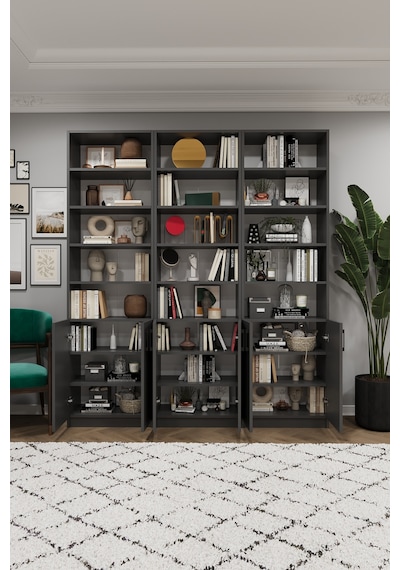 Asra Trend K-57 %100 MDF 180 cm 3 Modüllü Kapaklı Kitaplık Raflı Kütüphane Koyu Gri