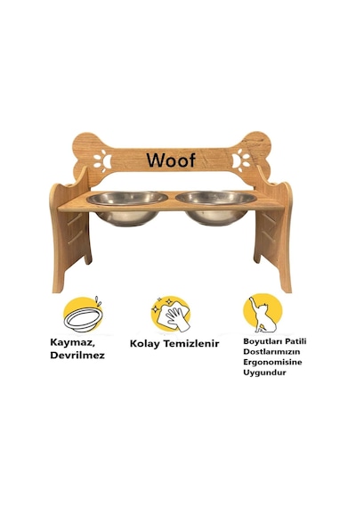 Realwood Özel İsim Baskılı Ahşap Kademeli Eğimli Çelik Kedi Köpek Mama Su Kabı 1 L