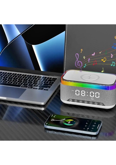 Rgb Işıklı Bluetooth Hoparlör - Dijital Saat, Kablosuz Şarj Ve Çok Renkli Led Aydınlatma