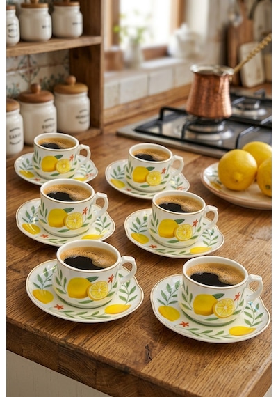 Acar Limon Desenli 6 Kişilik Kahve Fincanı Takımı 90 Ml 09502 Beyaz