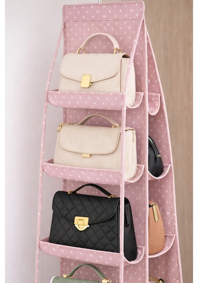 Serstil 8 Bölmeli Askılı Dolap İçi Çanta Düzenleyici Organizer Ayakkabı Saklama 110x37 Cm - Pembe Benekli Pembe Puantiye
