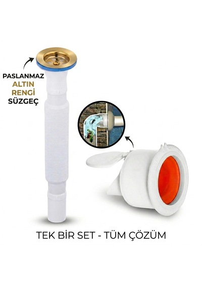 Antik Körüklü Lavabo Gider Si Fonu Üstü Paslanmaz Altı Plastik + Çekvalfli Conta Kötü Koku Böcek Kirli Su Önleyici Lavabo Gider Aparatı Altın