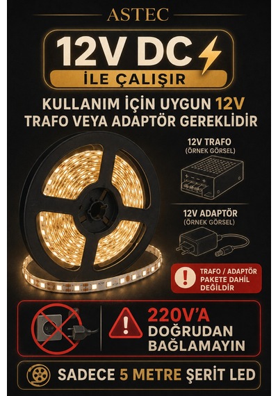 Astec 12v Şerit Led 5 Metre / 10 Metre Yapışkanlı Kesilebilir İç Mekân Aydınlatma Trafo Hariç Bütün Renkler