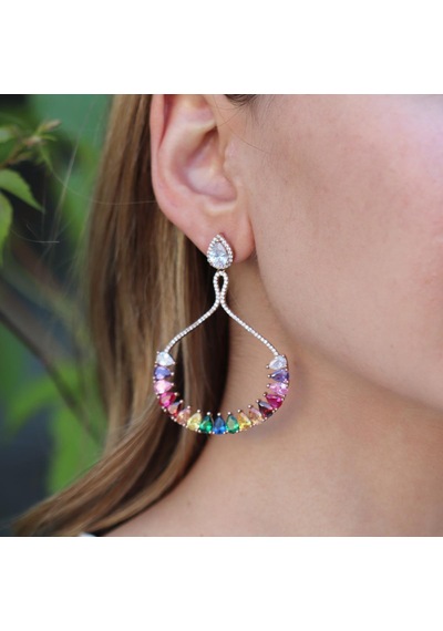 Renkli Zirkon Taşlı Damla Modeli Rose Gold Kaplama Gümüş Küpe Gümüş
