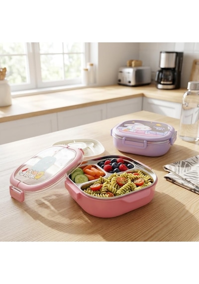 700 Ml Paslanmaz Çelik Yemek Kabı, 3 Bölmeli Kilitli Lunch Box, Çatal Kaşık Dahil Renkli Desenli Saklama Ve Taşıma Kabı Çok Renkli 30972413