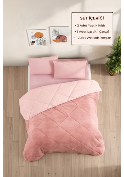 Battal Boy Lüx Wellsoft Çift Taraflı Yorgan Uyku Seti Yorgan+çarşaf+ 2 Adet Yastık Kılıfı Pudra