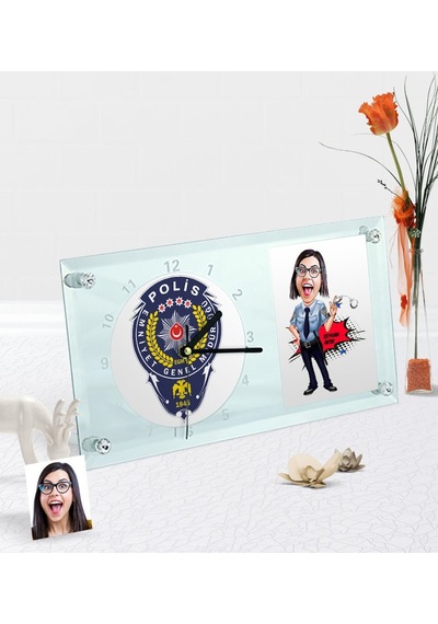 Kişiye Özel Bayan Polis Karikatürlü Masaüstü Cam Saat