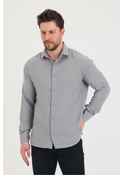 Cool Tarz Erkek Slim Fit Dar Kalıp Uzun Kol Pamuklu Keten Efekt Gömlek Gri Gri