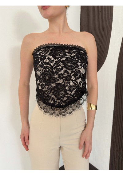 Verymoda Kadın Dantelli Straplez Büstiyer Taş Detaylı Astarlı Şık Bluz D3089 Siyah